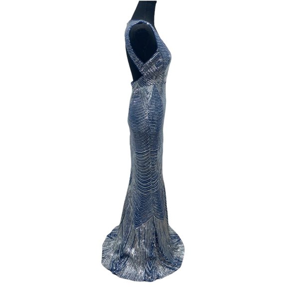 SALE. Silver Sequin on Navy Blue Backless Gown - Picture 4 of 5